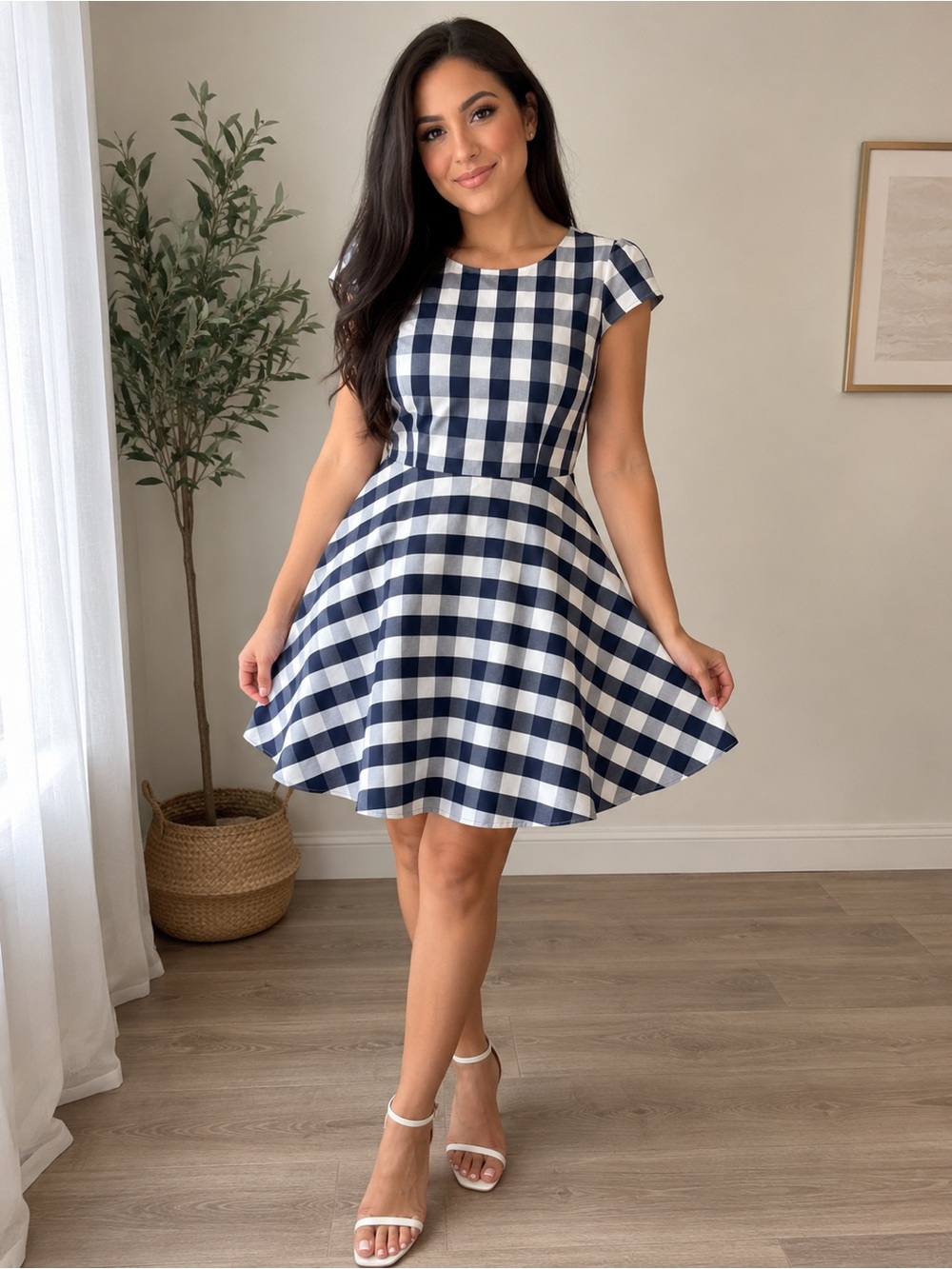 Alex Marie Navy and White Gingham Fit-and-Flare Dress